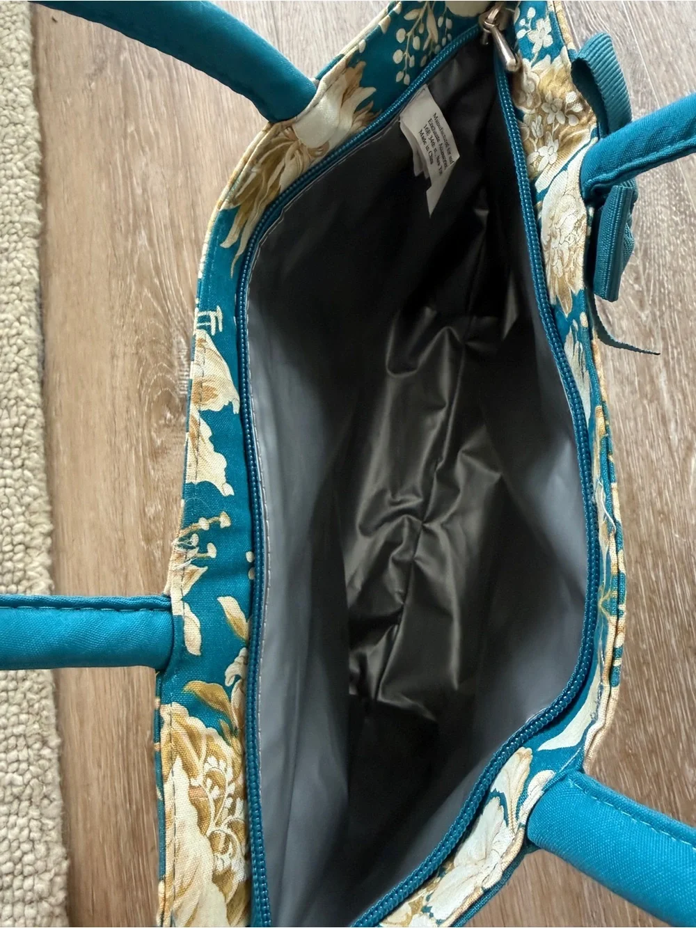 Teal Floral Quilted Tote Bag with Bow Accent